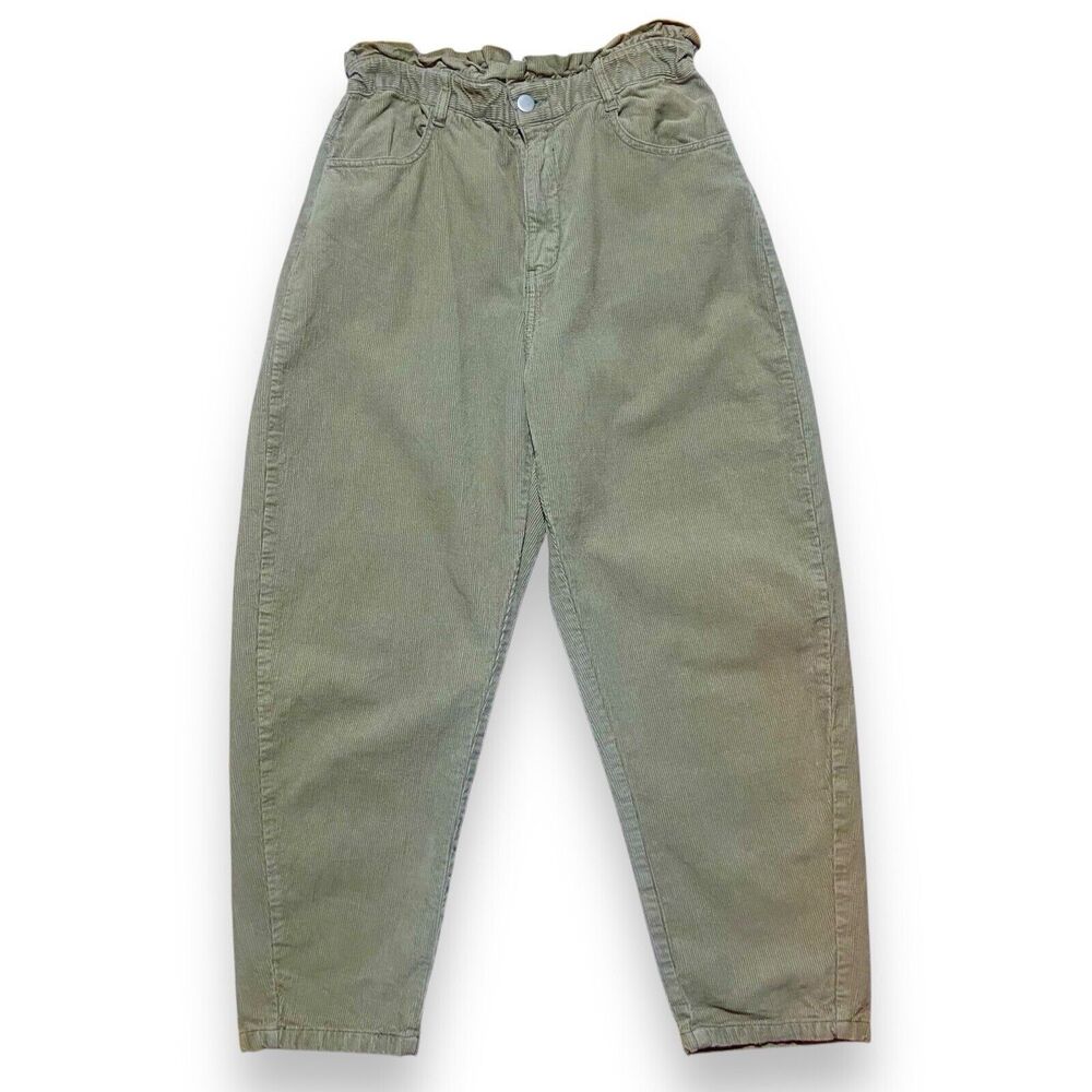 Zara Women's Corduroy Paper Bag High Waist Pants Size 6 Barrel-leg Grayish Green